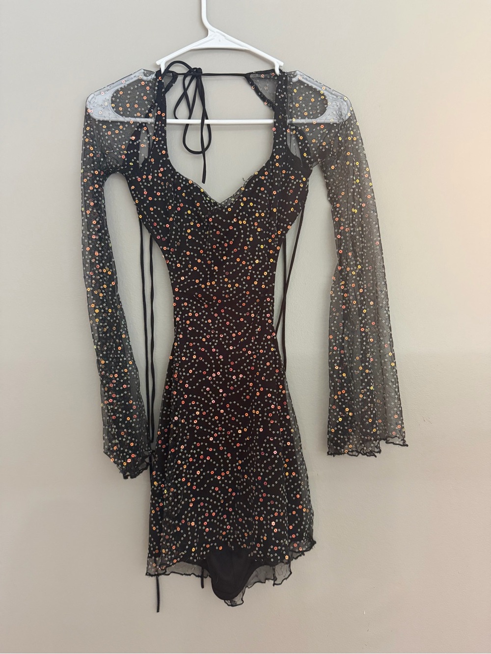 Black Sheer Dot-Print Long Sleeve Mini Dress